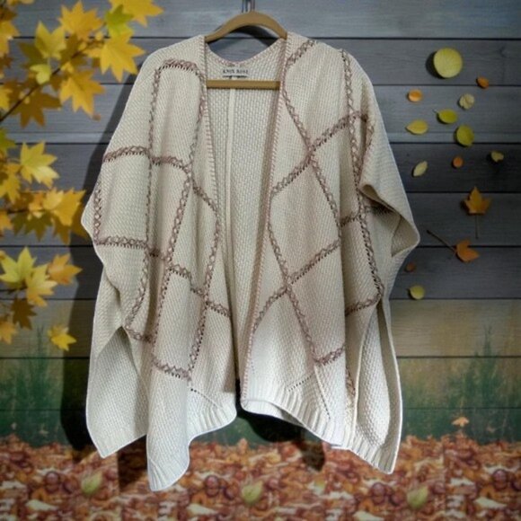 Knox Rose Boho Open Front Cardigan/Poncho Ivory Sweater w/Tan Braiding   NWOT - Picture 2 of 10